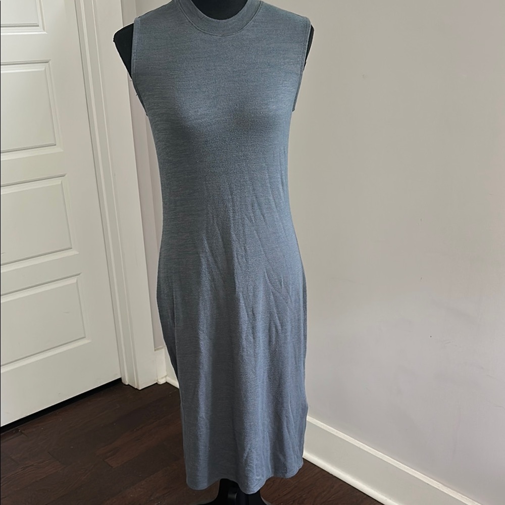 Blue Sleeveless Mock Neck Sheath Midi Dress